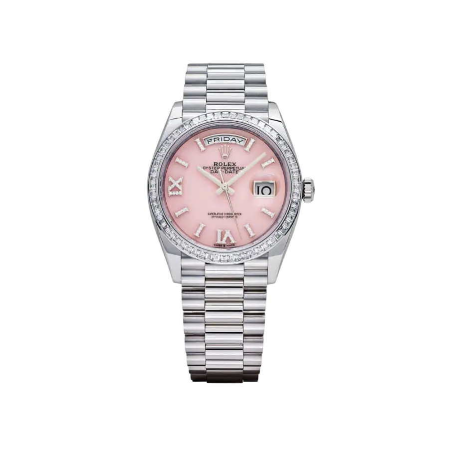 Rolex Day-Date 36 128396TBR Platinum Pink Opal Diamond Dial and Bezel