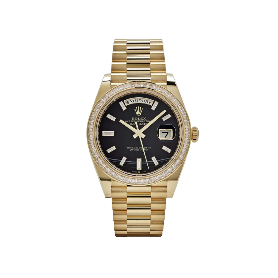Rolex Day-Date 40 228398TBR Yellow Gold Onyx Baguette Diamond Dial Baguette Bezel