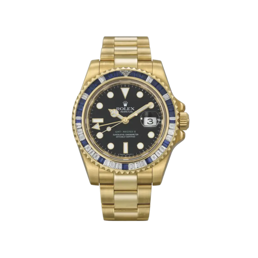 Rolex GMT-Master II 116748SA Yellow Gold Sapphire and Diamond Bezel Black Dial