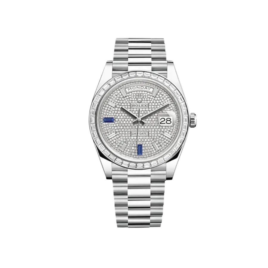Rolex Day-Date 40 228396TBR Platinum Diamond Bezel Diamond-Paved Sapphire Dial