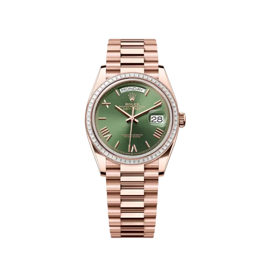 Rolex Day-Date 36 Everose Gold & Diamond Bezel Green Dial 128395TBR – Luxury President Watch